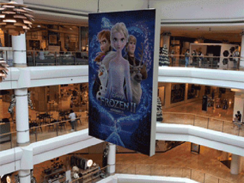 Programmable lighting can be installed into hanging banners too