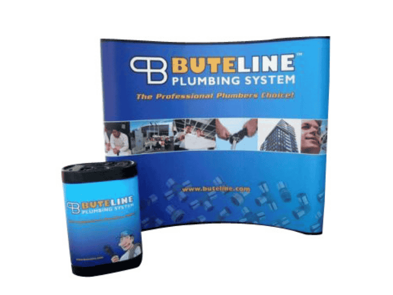 2.5 metre wide pop-up exhibition stand with case graphic wrap