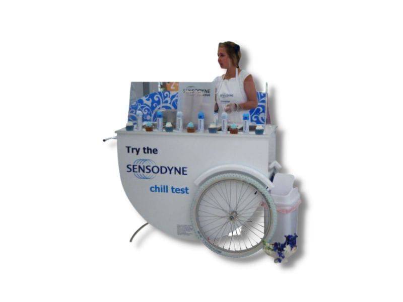 Cart-style sampling unit with spoked wheels - Displays2Go