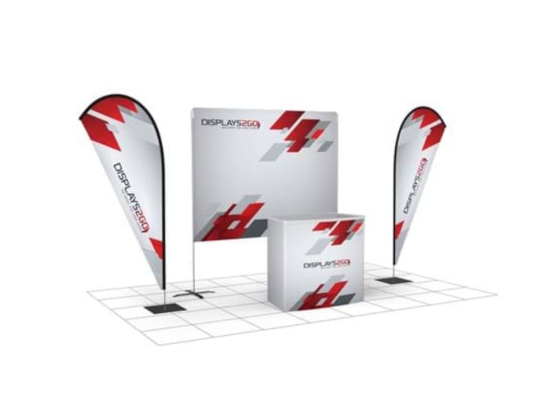 teardrop flag, SuperWall, demo table and carry bag - Displays2Go