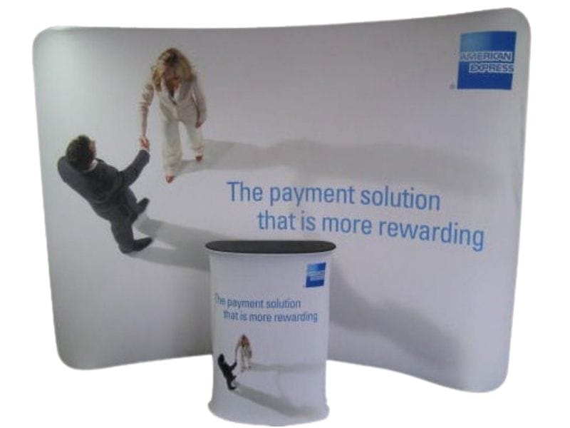 3m width curved SuperWall display wall with counter - Displays2Go