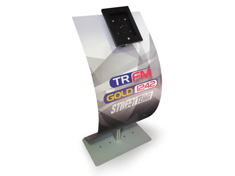 'Type 2' tablet stand with custom printed curved graphic panel and multi-directional bracket