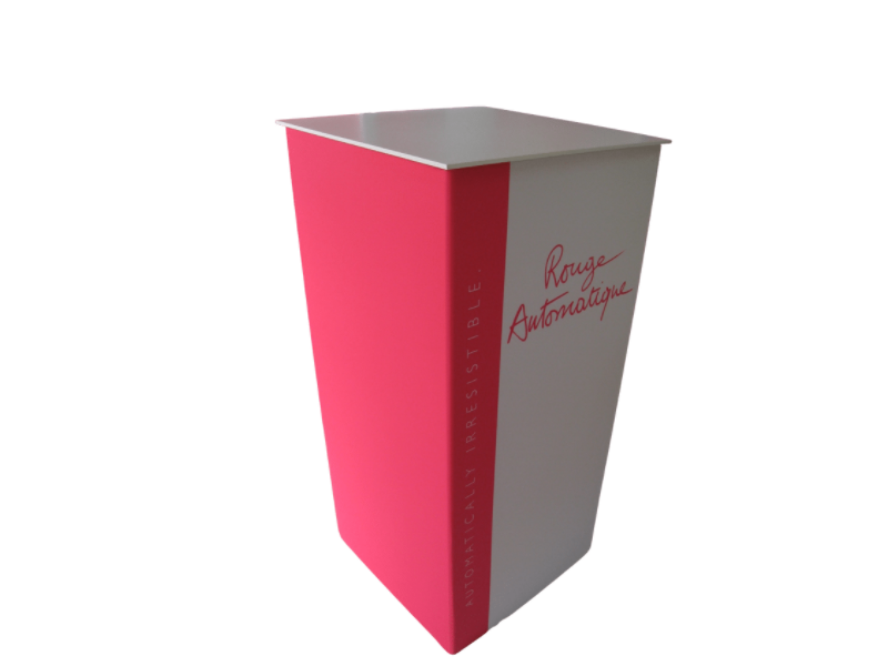 Interchangeable lycra graphic skin on a plinth