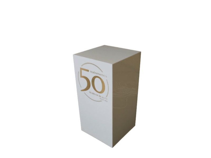 White plinth with gold lettering