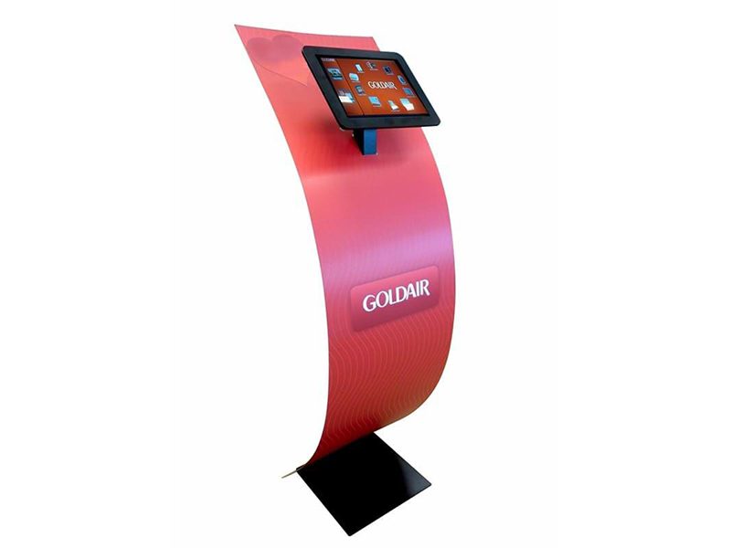 'Type 2' tablet stand with custom printed curved graphic panel and multi-directional bracket