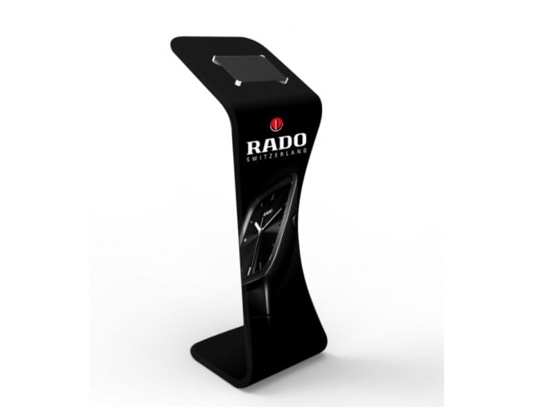 Portable aluminium-framed stand with fabric graphic skin
