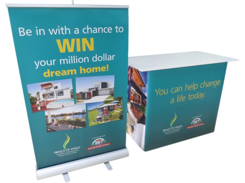 Mall height double-sided pull up banner with sales counter
