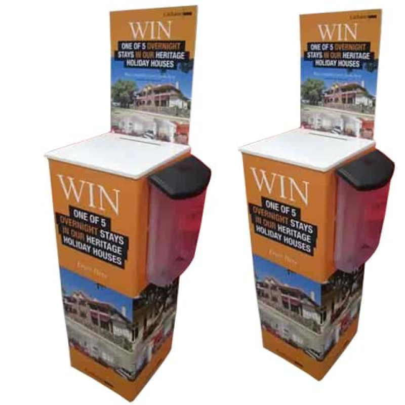 Free-standing entry box with brochure holder attached to side