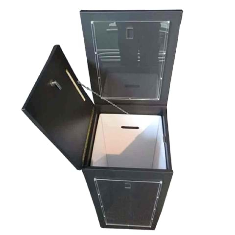 Suggestion box with hinged lid and lock