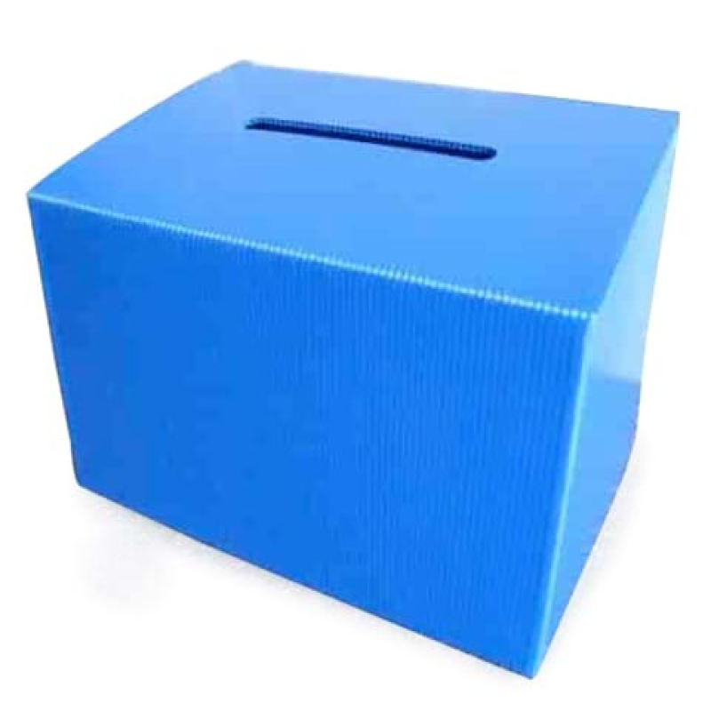 Competition entry box made from blue corflute