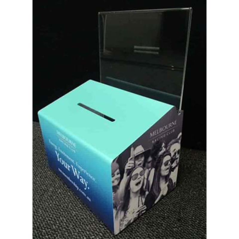 Perspex suggestion box with graphics all over