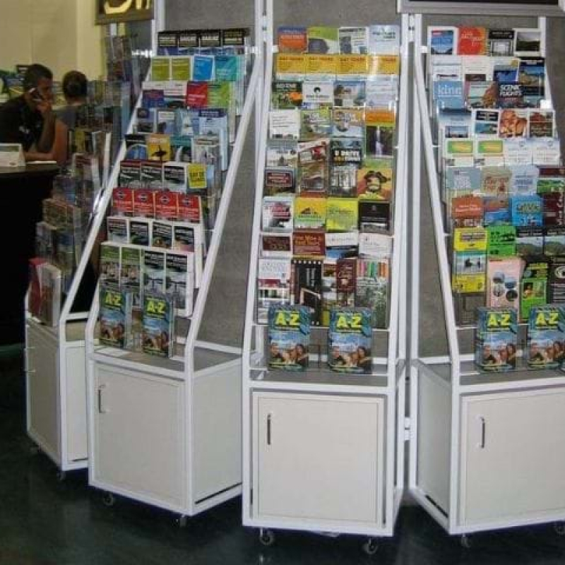 Customised-magazine-and-brochure-stands on castors