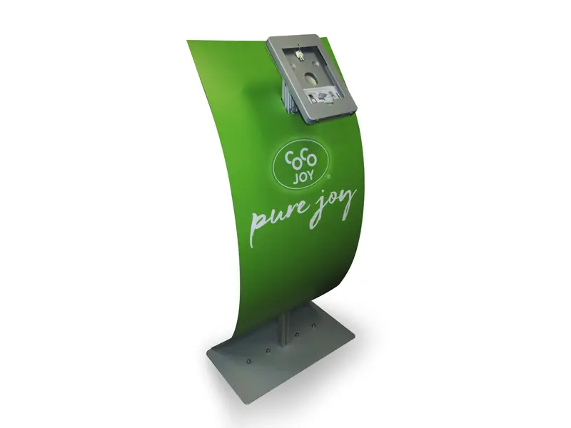 'Type 2' tablet stand with custom printed curved graphic panel and multi-directional bracket
