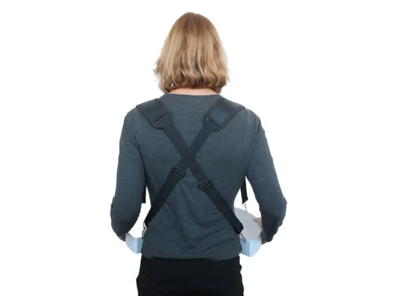 Adjustable straps include comfort padding for shoulders